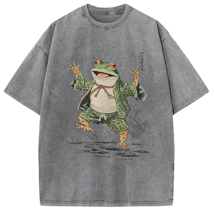 Frog Dancing Japanese Art Vintage Washed Crew Neck T-Shirt