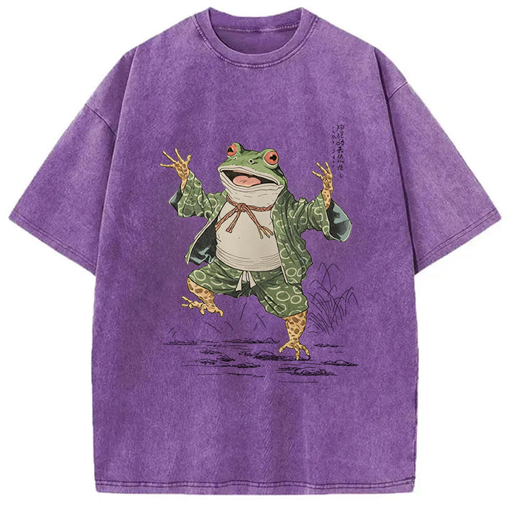Frog Dancing Japanese Art Vintage Washed Crew Neck T-Shirt