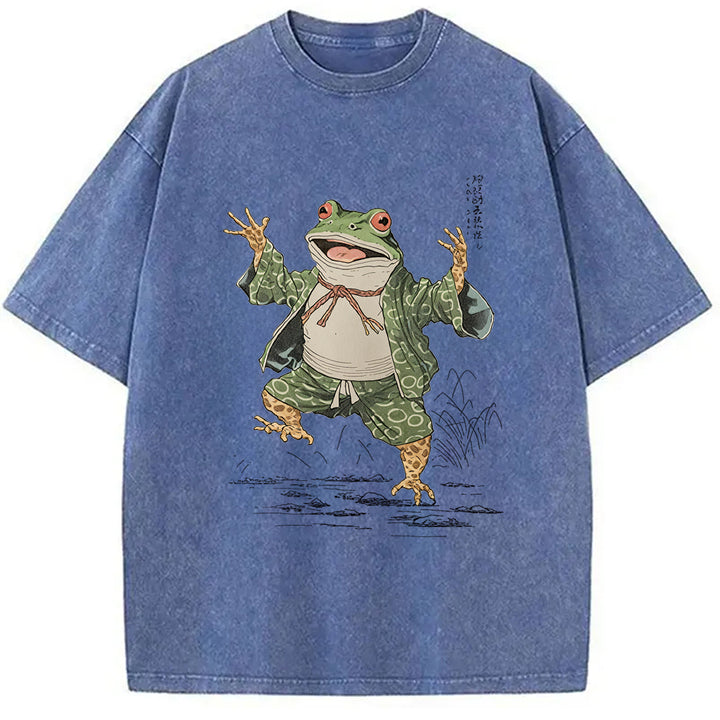 Frog Dancing Japanese Art Vintage Washed Crew Neck T-Shirt
