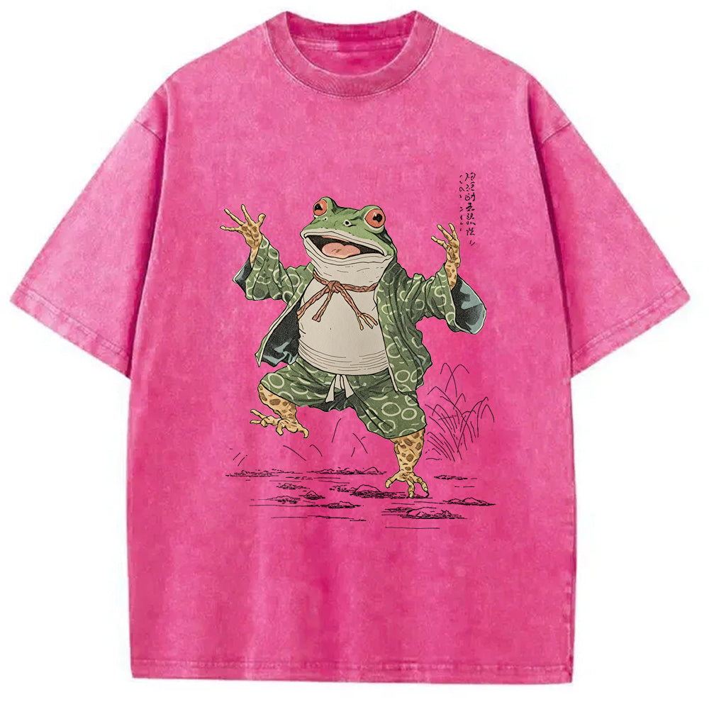 Frog Dancing Japanese Art Vintage Washed Crew Neck T-Shirt