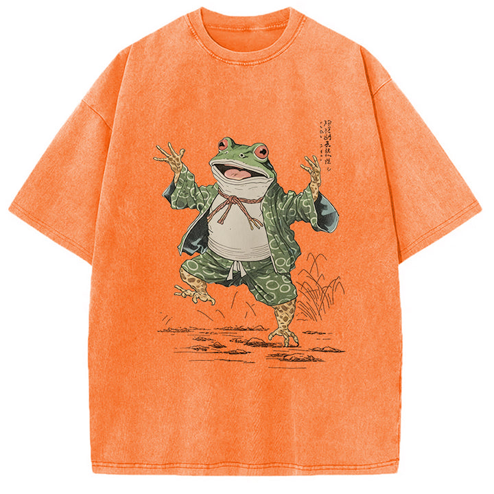 Frog Dancing Japanese Art Vintage Washed Crew Neck T-Shirt
