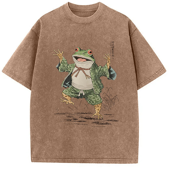 Frog Dancing Japanese Art Vintage Washed Crew Neck T-Shirt