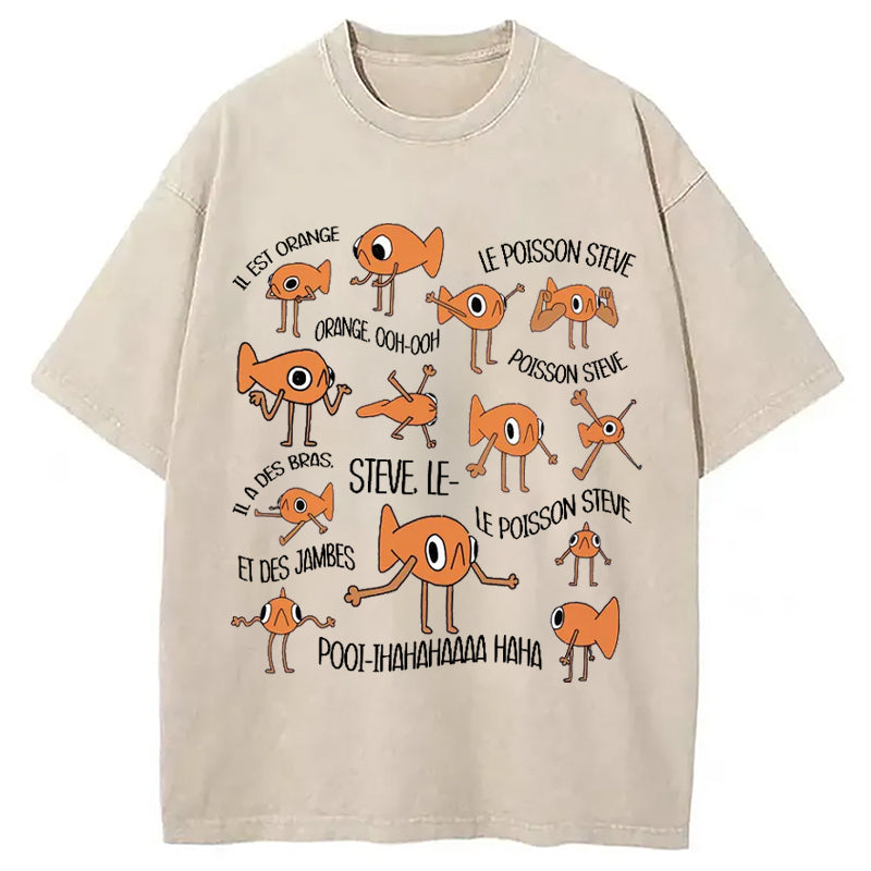 Funny Le Poisson Steve Washed Crew Neck T-Shirt