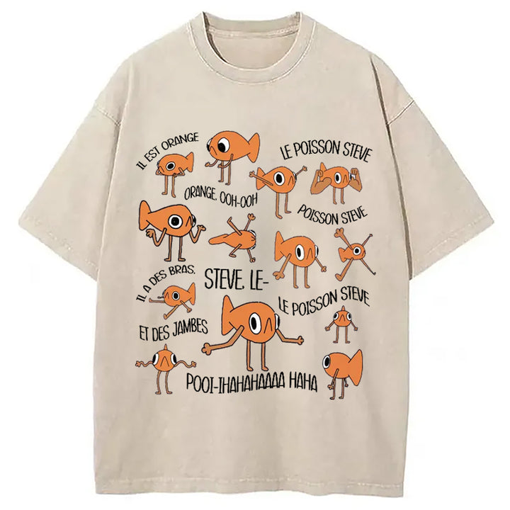 Funny Le Poisson Steve Washed Crew Neck T-Shirt