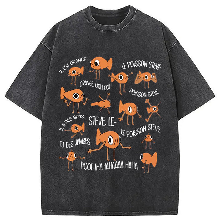 Funny Le Poisson Steve Washed Crew Neck T-Shirt