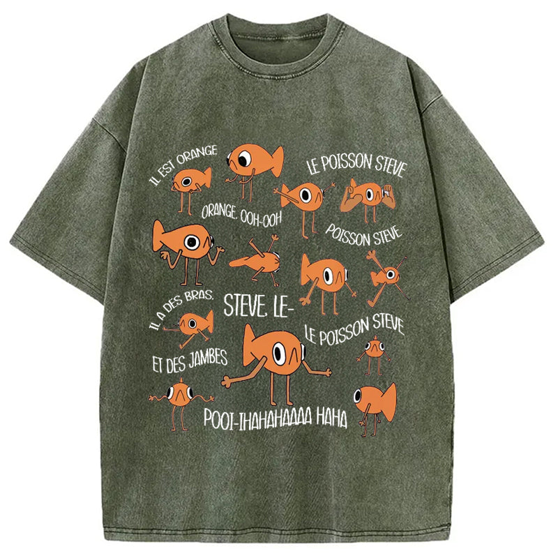 Funny Le Poisson Steve Washed Crew Neck T-Shirt
