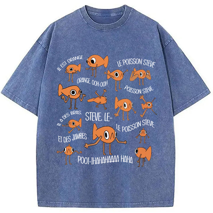 Funny Le Poisson Steve Washed Crew Neck T-Shirt