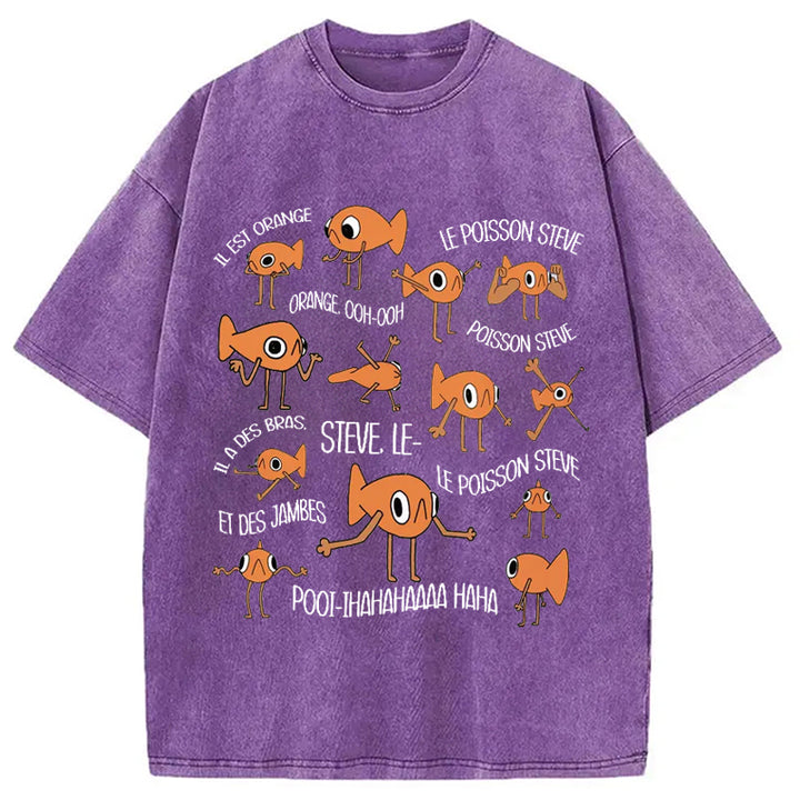 Funny Le Poisson Steve Washed Crew Neck T-Shirt