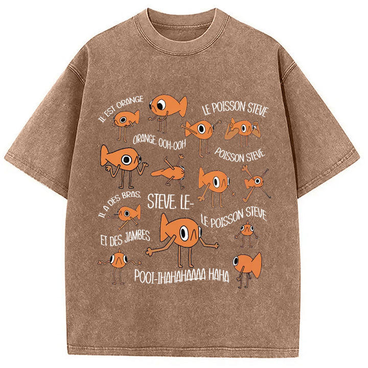 Funny Le Poisson Steve Washed Crew Neck T-Shirt