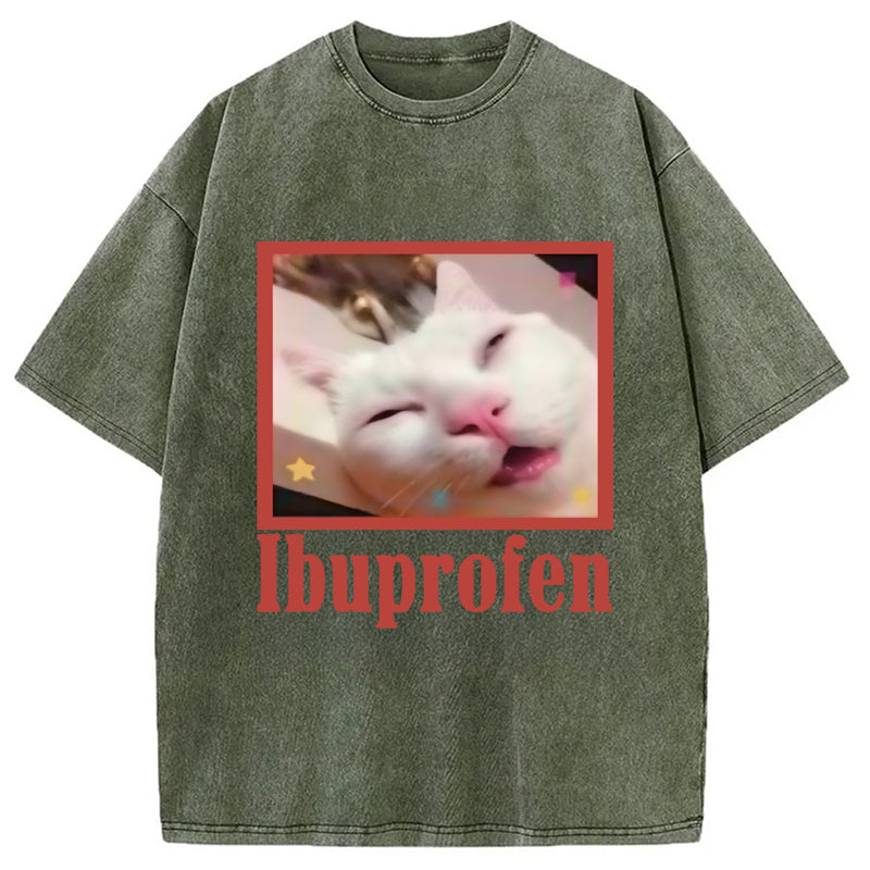 Ibuprofen Meme Cat Benny Cute Washed Crew Neck T-Shirt