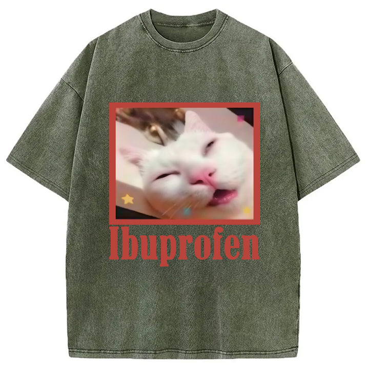 Ibuprofen Meme Cat Benny Cute Washed Crew Neck T-Shirt