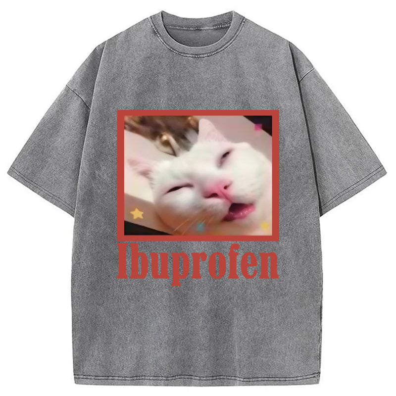 Ibuprofen Meme Cat Benny Cute Washed Crew Neck T-Shirt