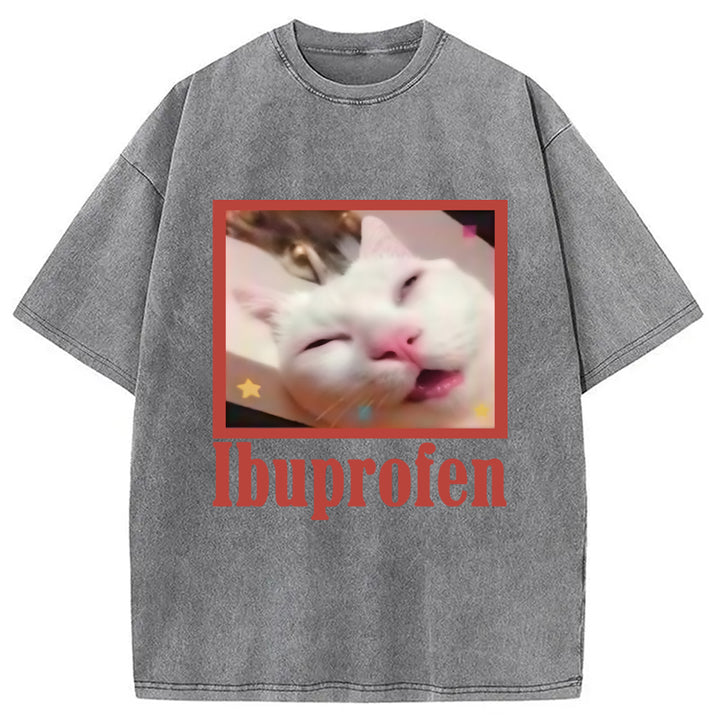 Ibuprofen Meme Cat Benny Cute Washed Crew Neck T-Shirt