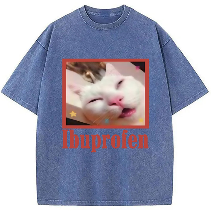 Ibuprofen Meme Cat Benny Cute Washed Crew Neck T-Shirt