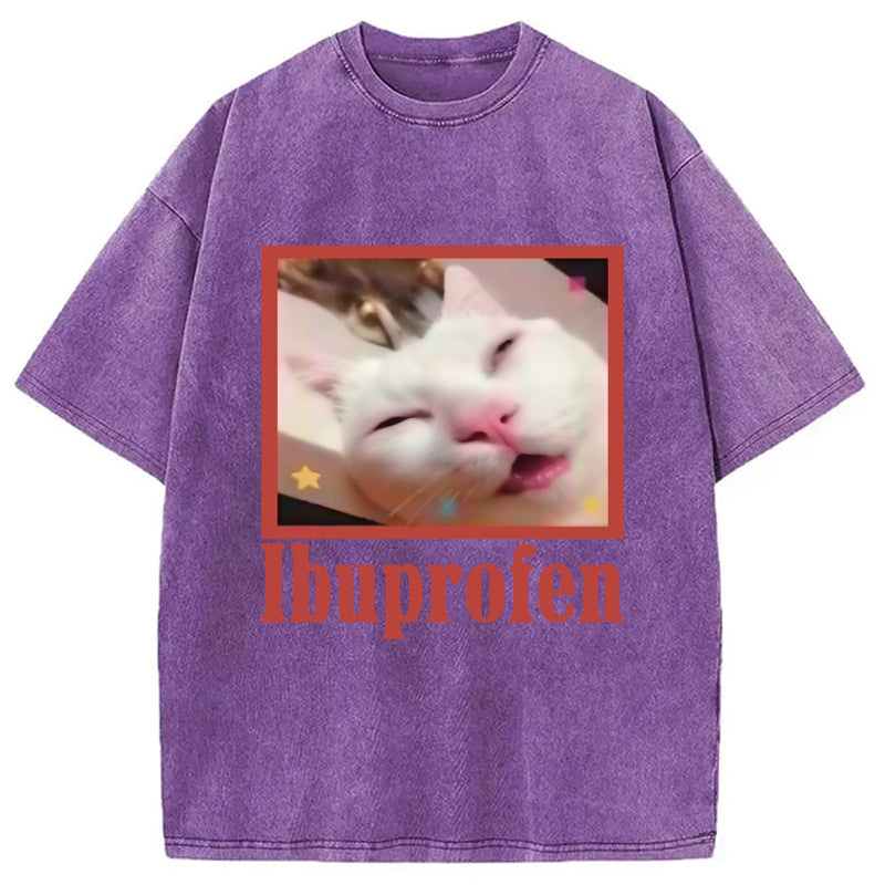 Ibuprofen Meme Cat Benny Cute Washed Crew Neck T-Shirt