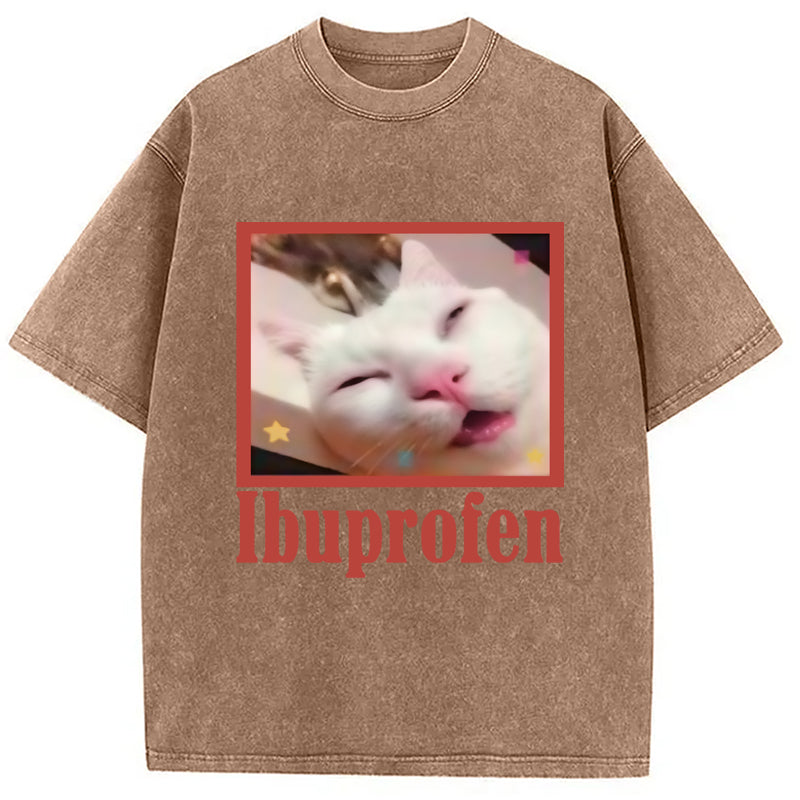 Ibuprofen Meme Cat Benny Cute Washed Crew Neck T-Shirt
