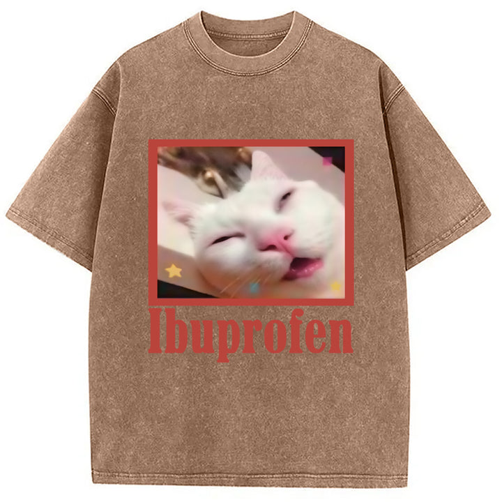 Ibuprofen Meme Cat Benny Cute Washed Crew Neck T-Shirt