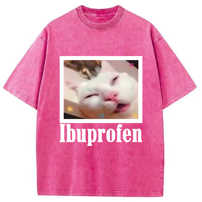 Ibuprofen Meme Cat Benny Cute Washed Crew Neck T-Shirt