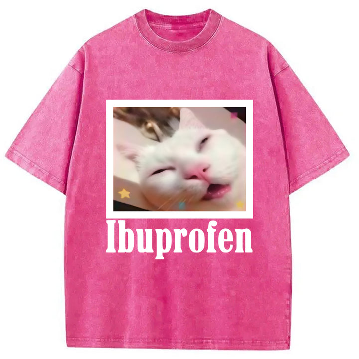 Ibuprofen Meme Cat Benny Cute Washed Crew Neck T-Shirt