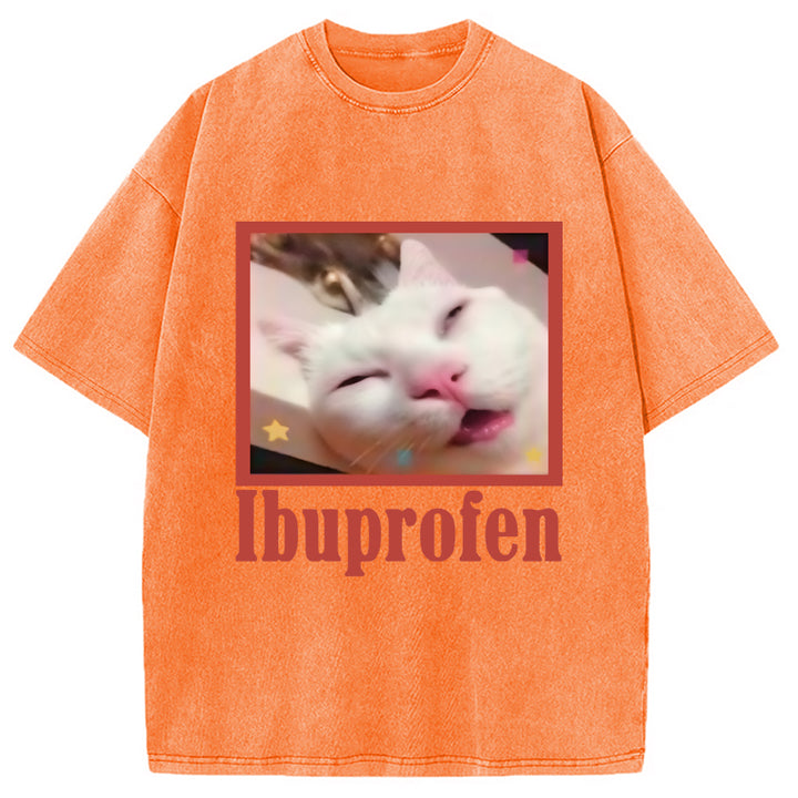 Ibuprofen Meme Cat Benny Cute Washed Crew Neck T-Shirt