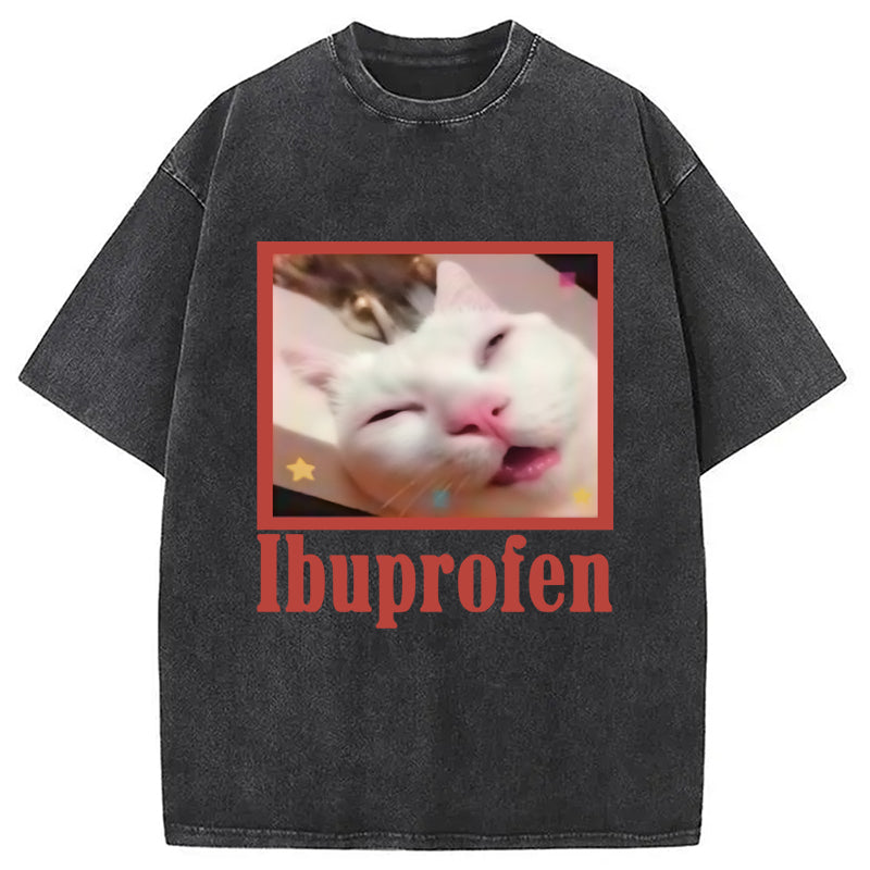 Ibuprofen Meme Cat Benny Cute Washed Crew Neck T-Shirt