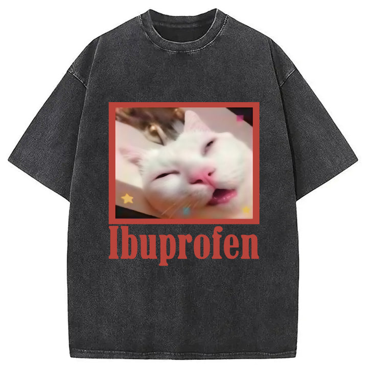 Ibuprofen Meme Cat Benny Cute Washed Crew Neck T-Shirt