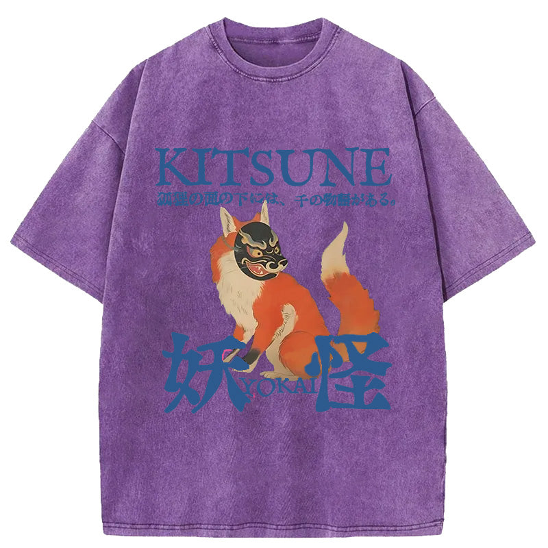 Japanese Fox Yokai Washed Crew Neck T-Shirt