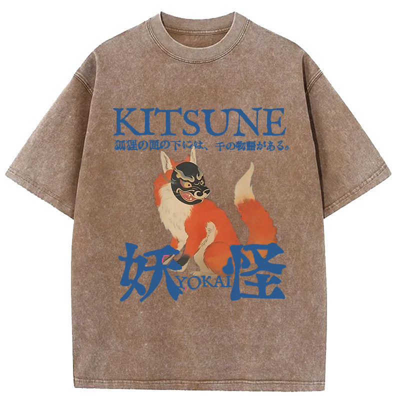 Japanese Fox Yokai Washed Crew Neck T-Shirt