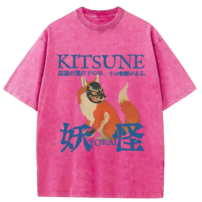 Japanese Fox Yokai Washed Crew Neck T-Shirt