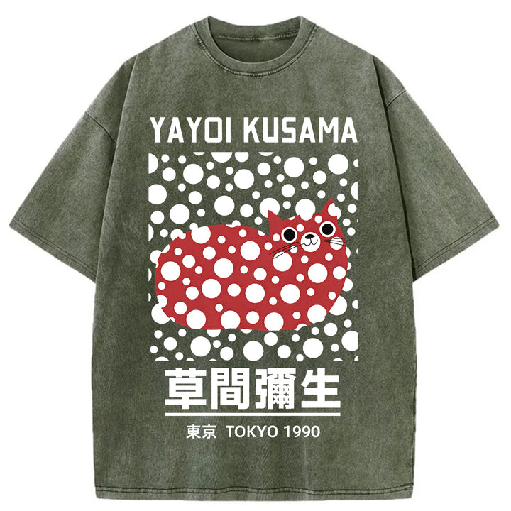 Yayoi Kusama Cat Vintage Washed Crew Neck T-Shirt