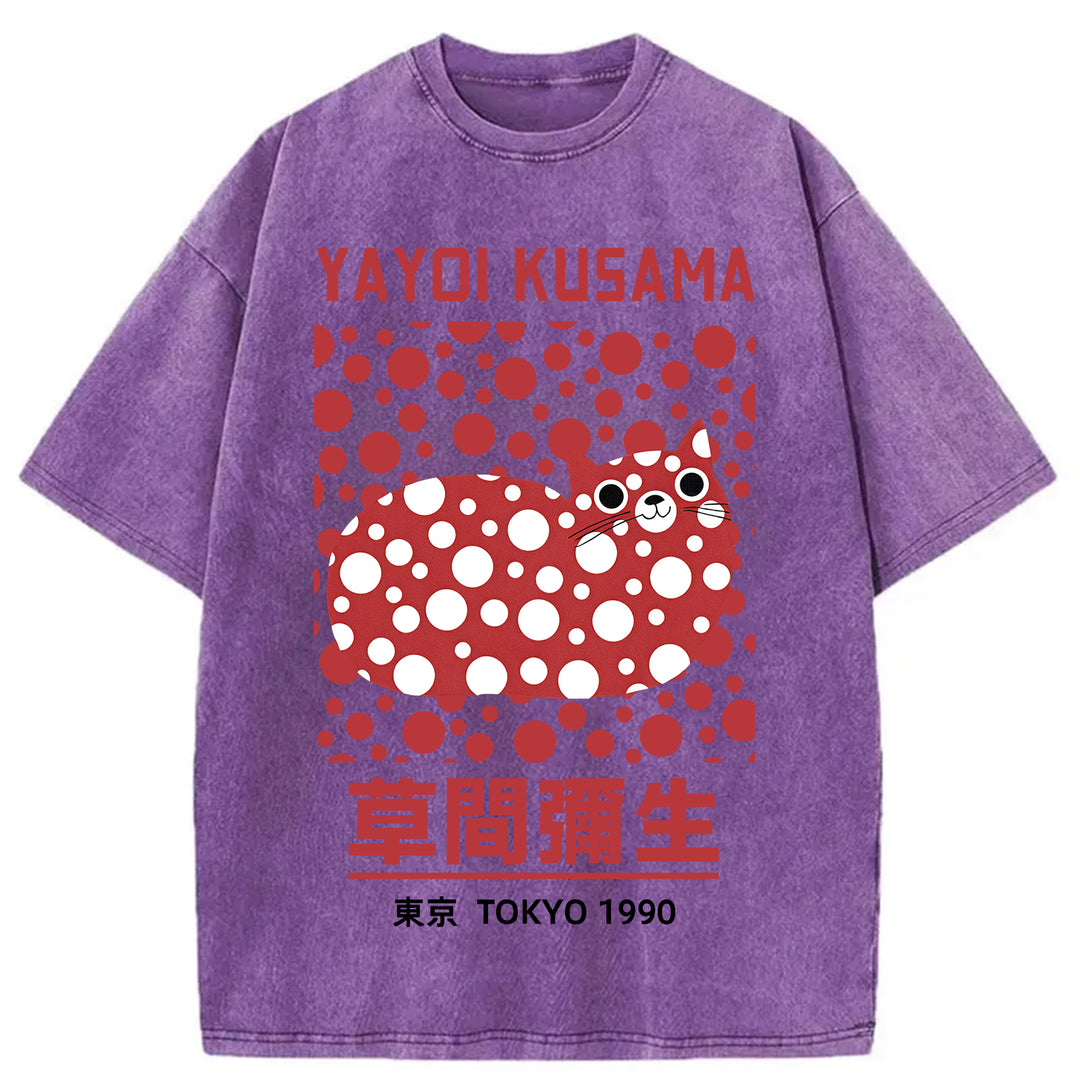 Yayoi Kusama Cat Vintage Washed Crew Neck T-Shirt