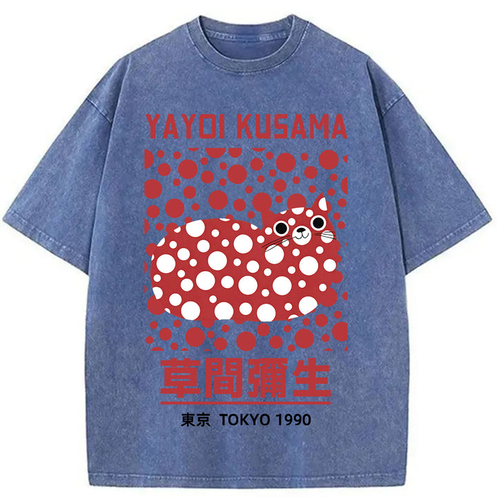 Yayoi Kusama Cat Vintage Washed Crew Neck T-Shirt