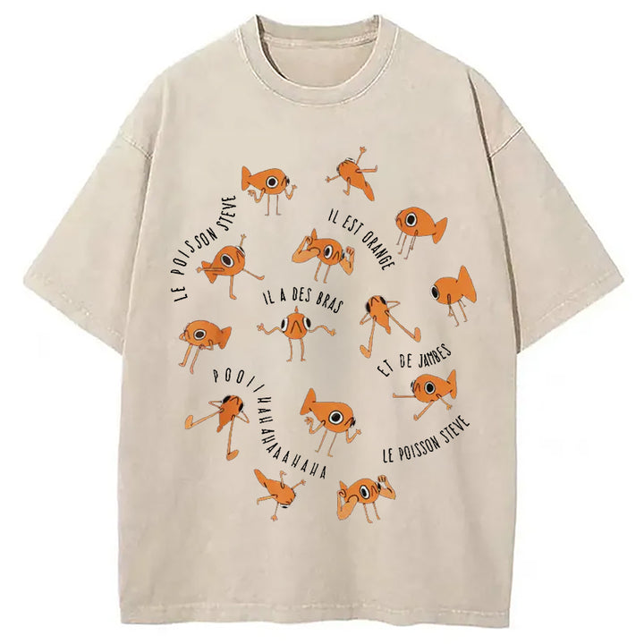 Le Poisson Steve Funny Fish Meme Washed Crew Neck T-Shirt