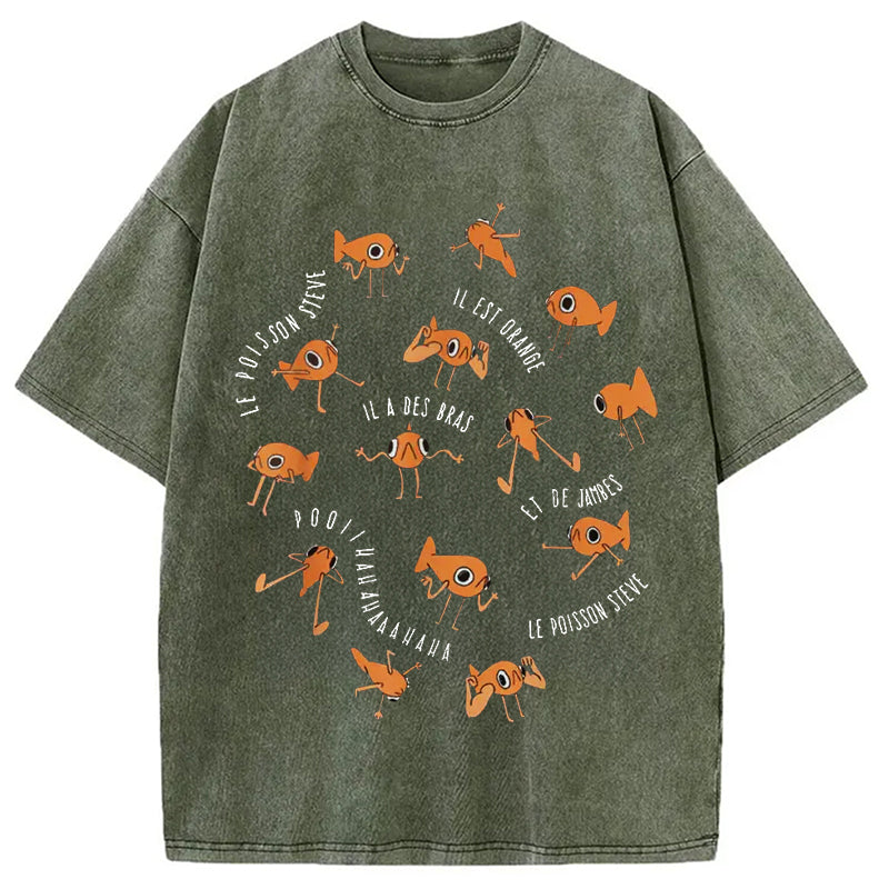 Le Poisson Steve Funny Fish Meme Washed Crew Neck T-Shirt