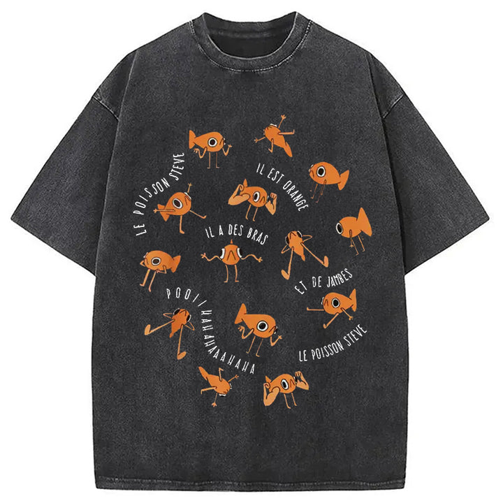 Le Poisson Steve Funny Fish Meme Washed Crew Neck T-Shirt