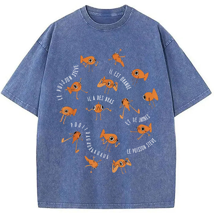 Le Poisson Steve Funny Fish Meme Washed Crew Neck T-Shirt