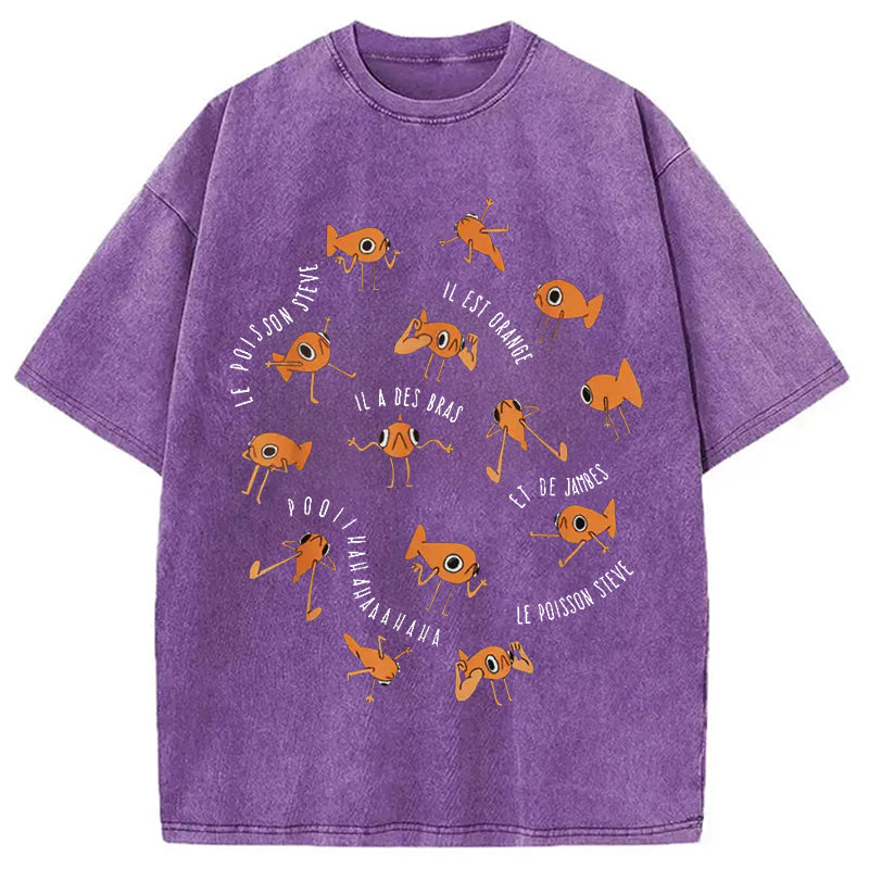 Le Poisson Steve Funny Fish Meme Washed Crew Neck T-Shirt
