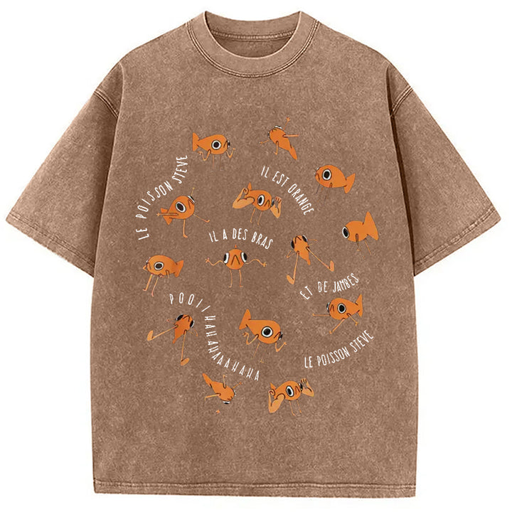 Le Poisson Steve Funny Fish Meme Washed Crew Neck T-Shirt