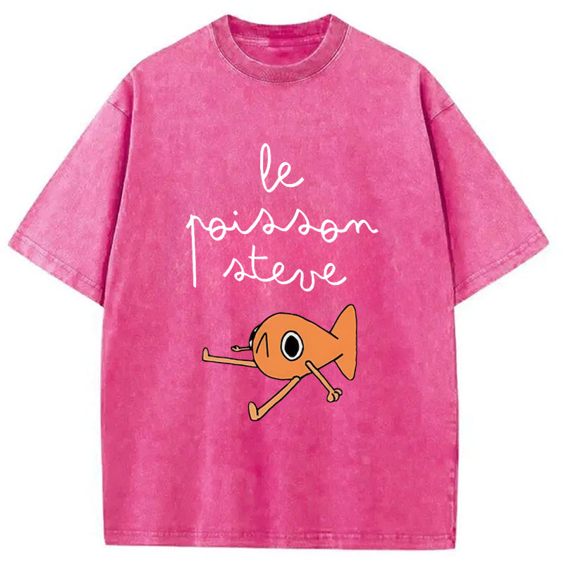 Le Poisson Steve Funny Meme Washed Crew Neck T-Shirt