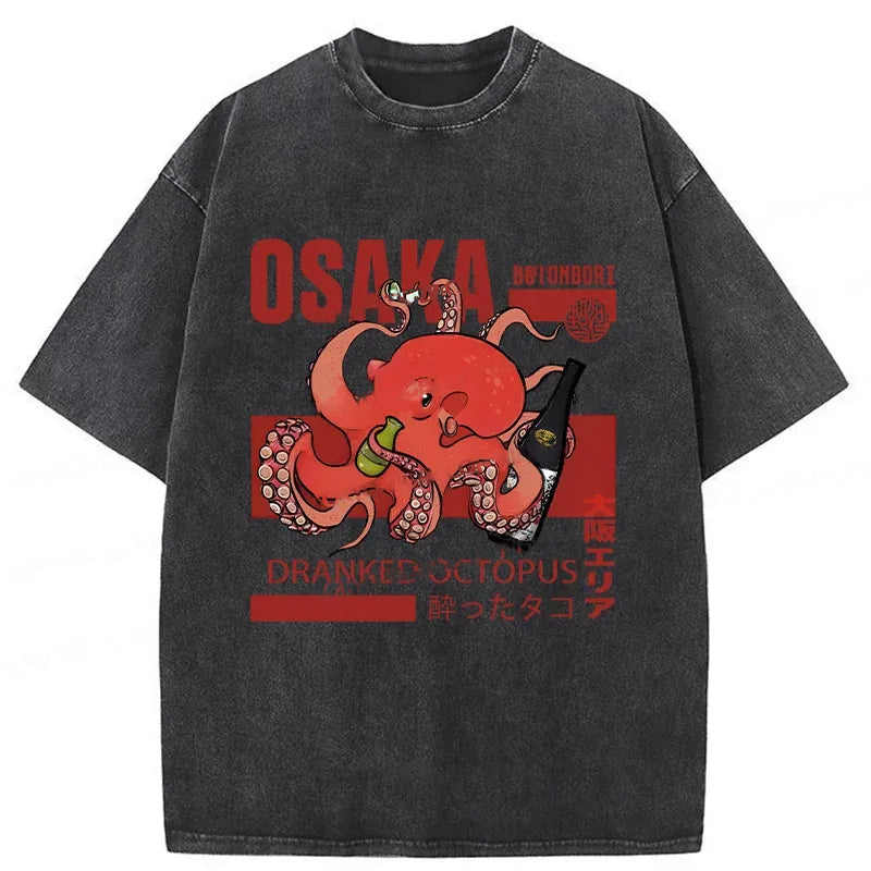 Osaka Cute Octopus Washed Crew Neck T-Shirt