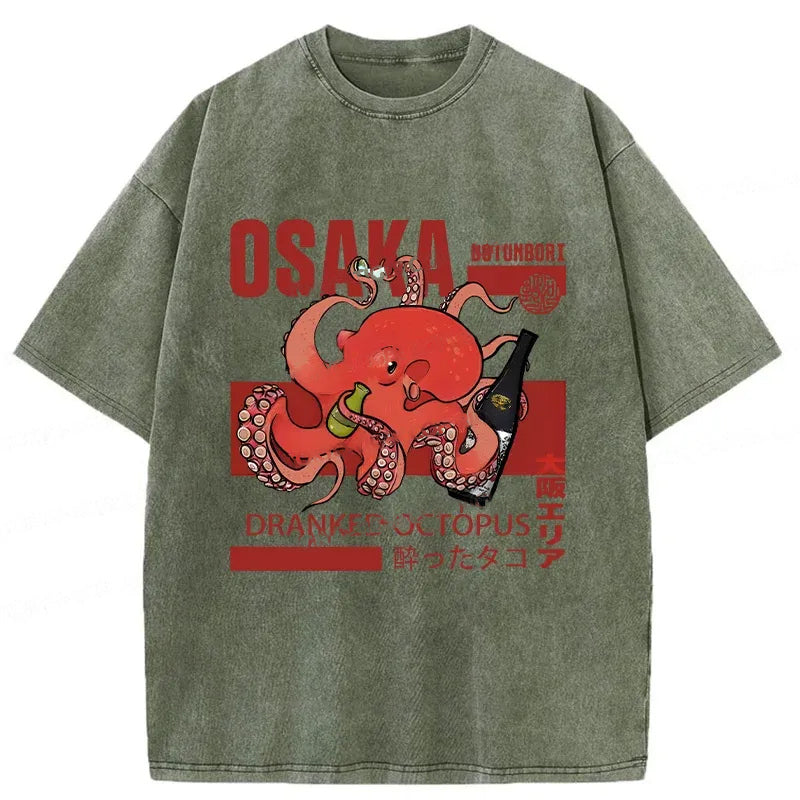 Osaka Cute Octopus Washed Crew Neck T-Shirt