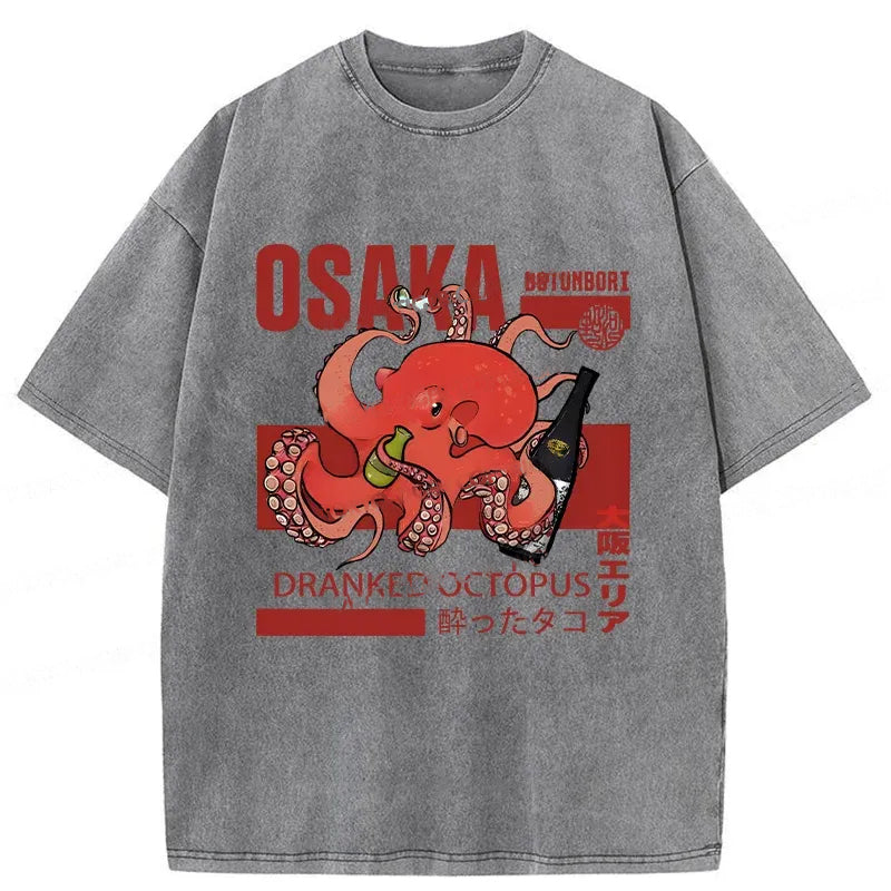 Osaka Cute Octopus Washed Crew Neck T-Shirt
