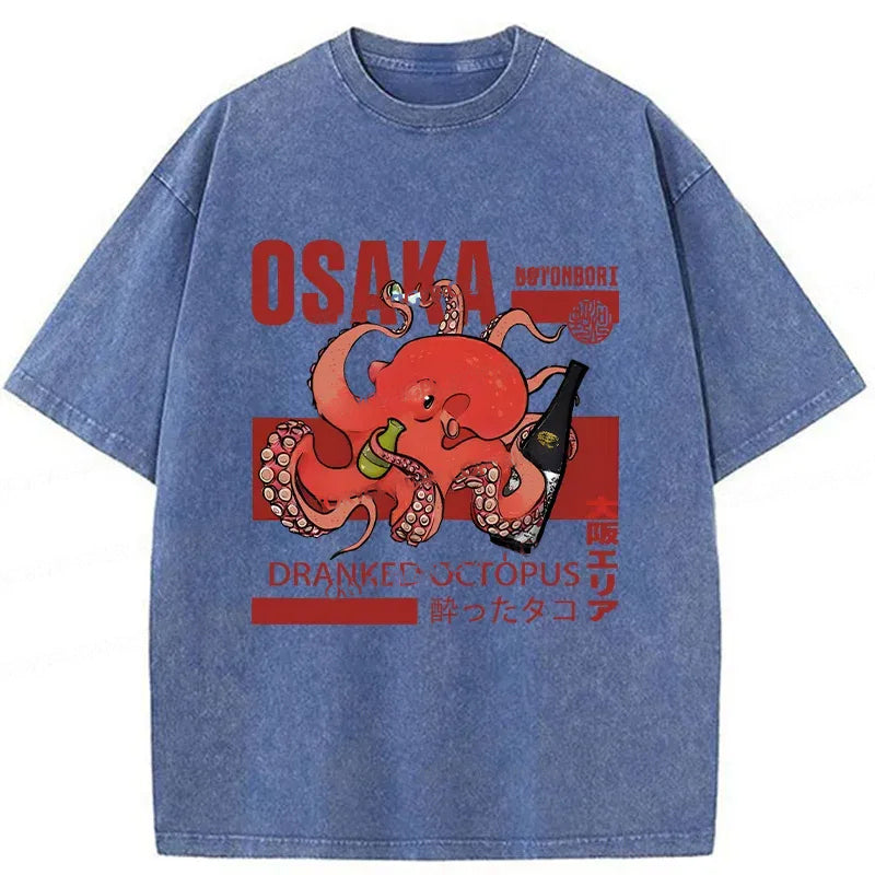 Osaka Cute Octopus Washed Crew Neck T-Shirt