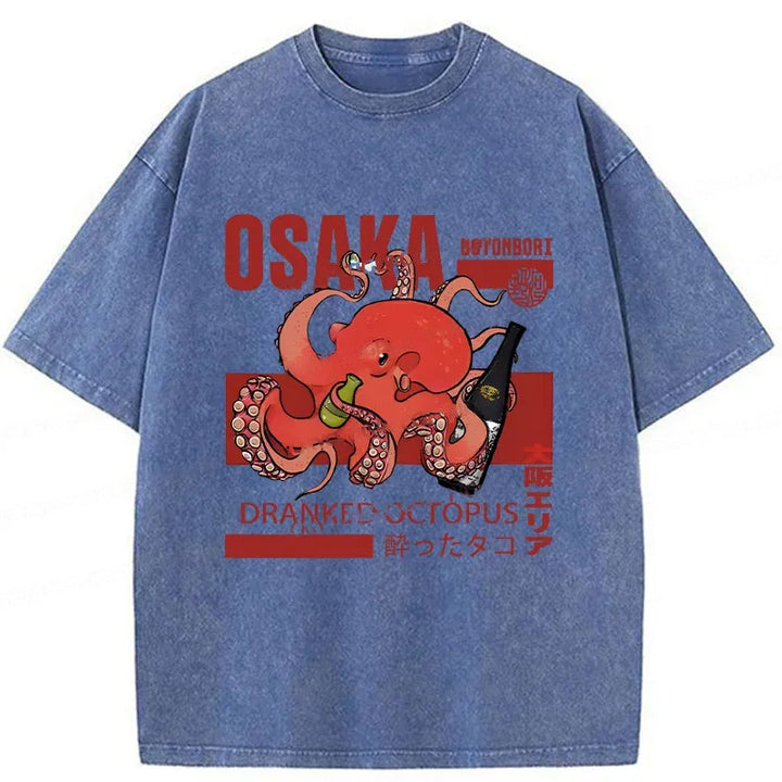 Osaka Cute Octopus Washed Crew Neck T-Shirt