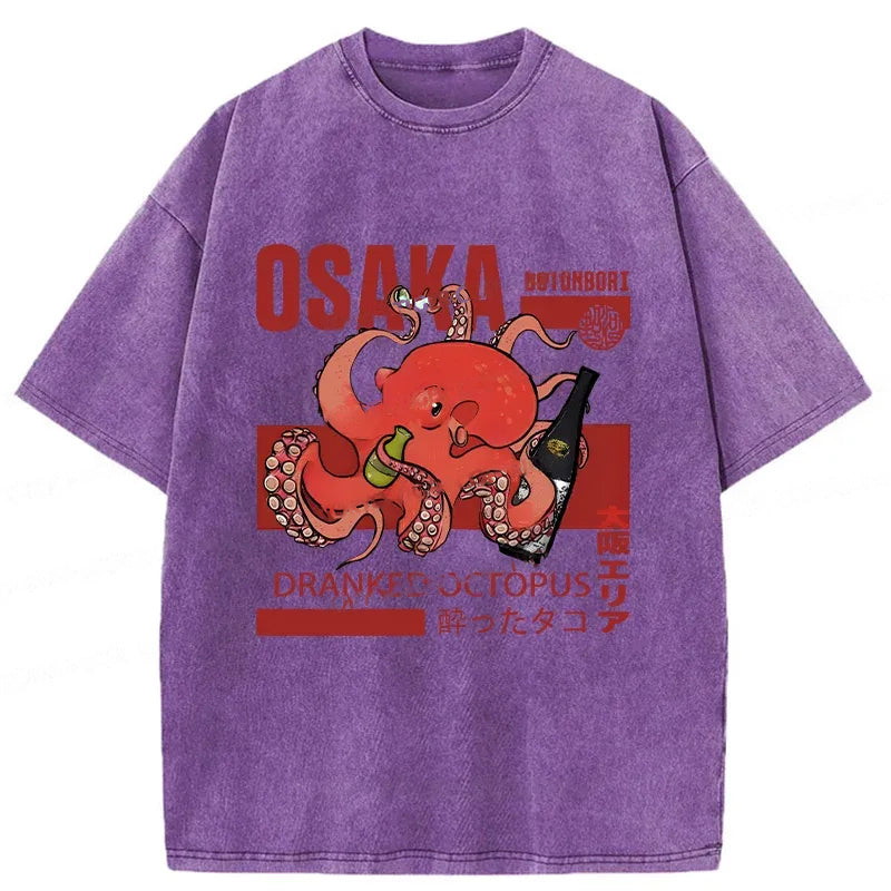 Osaka Cute Octopus Washed Crew Neck T-Shirt