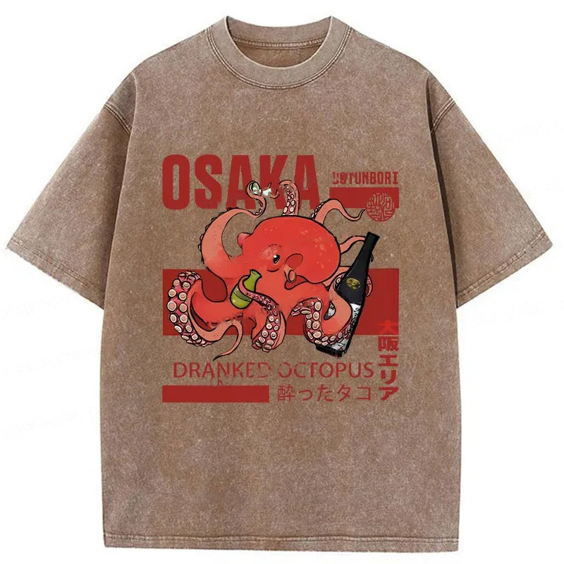 Osaka Cute Octopus Washed Crew Neck T-Shirt