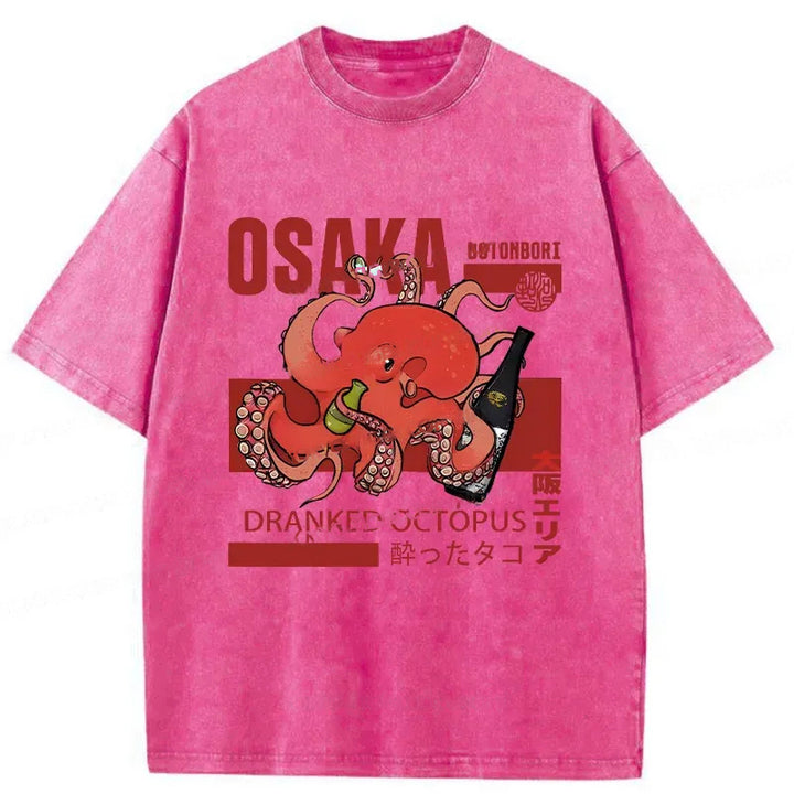 Osaka Cute Octopus Washed Crew Neck T-Shirt