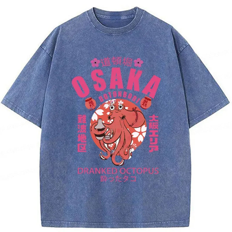 Sakura And Octopus Washed Crew Neck T-Shirt