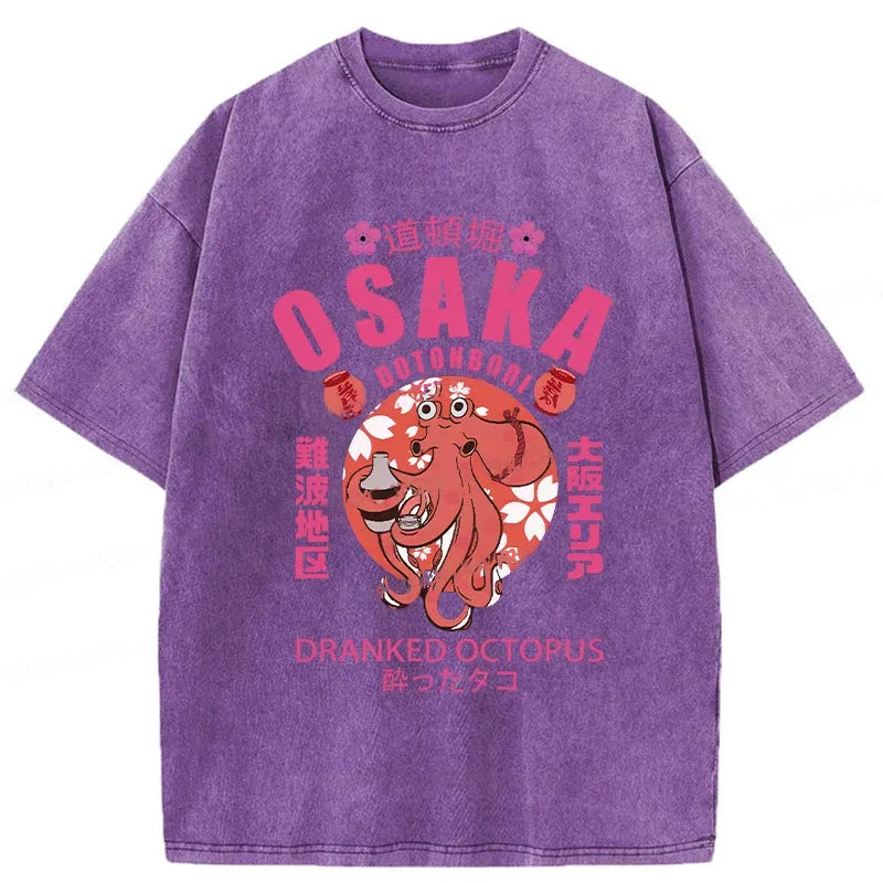 Sakura And Octopus Washed Crew Neck T-Shirt