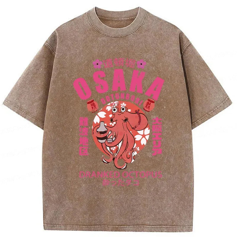 Sakura And Octopus Washed Crew Neck T-Shirt